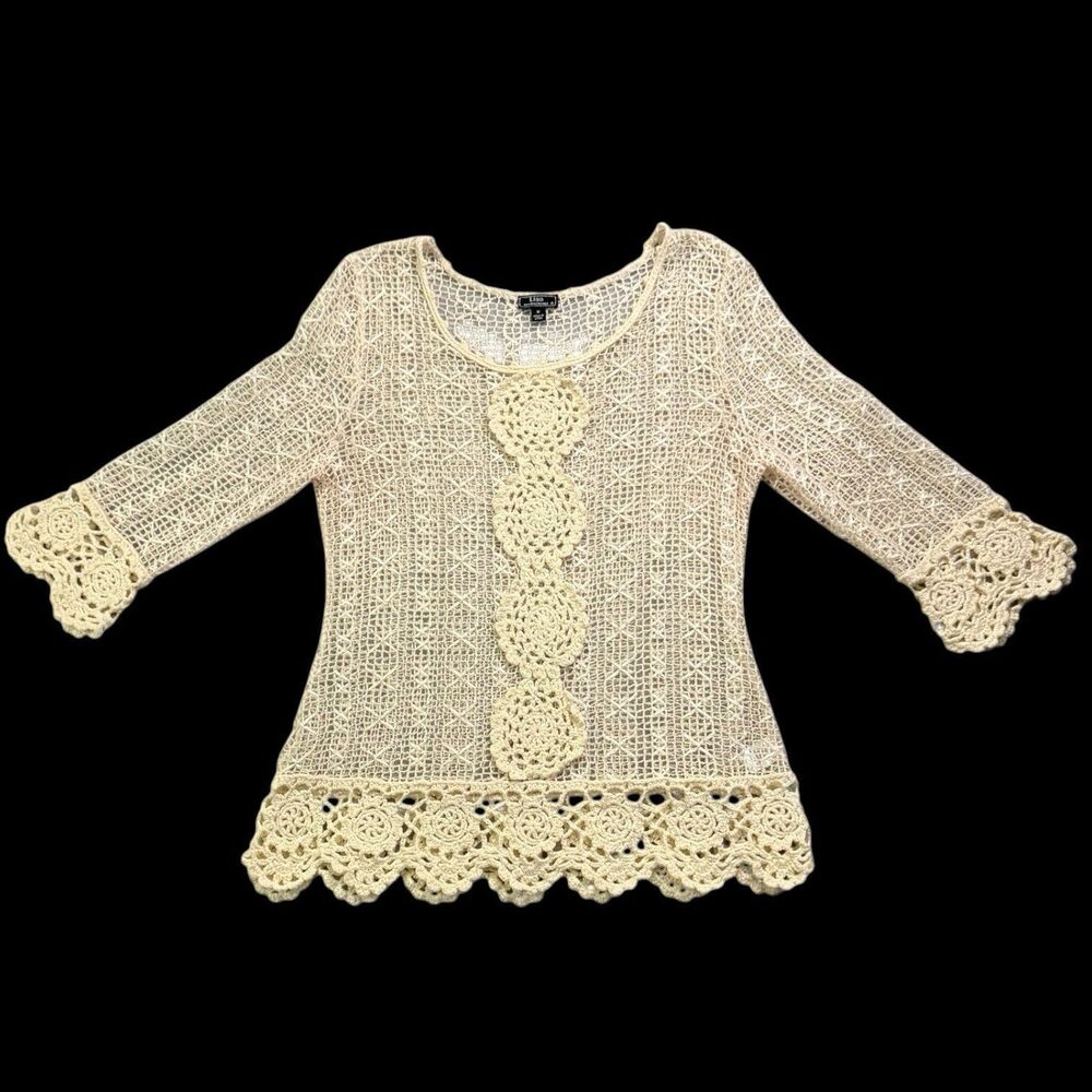Lisa International M Crochet Knit Top Boho 3/4 Sleeve Cream Medallion Hippie